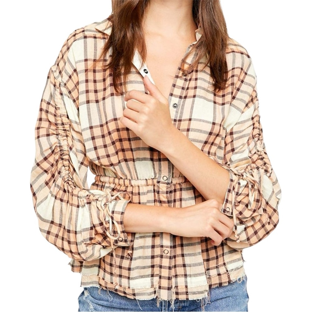 Free People We The Free Pacific Dawn Peplum Plaid Shirt Peach Tree Combo Large